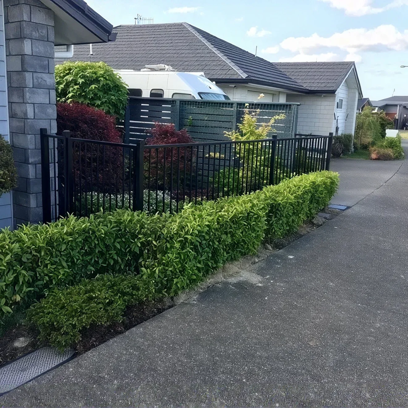 Black slat fence and hedging along the front boundary of a Tauranga home
