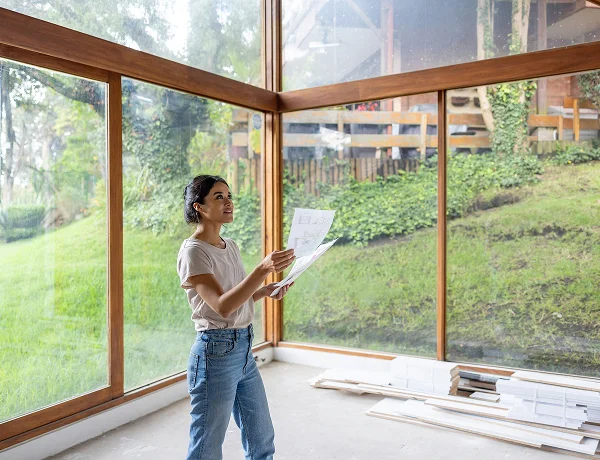 Homeowner reviewing building plans in a newly built living space